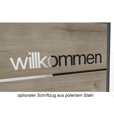 Empfangstresen Leo Willkommen Schriftzug aus poliertem Stahl