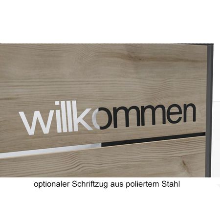 Empfangstresen Leo Willkommen Schriftzug aus poliertem Stahl