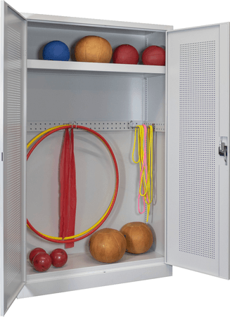 PAVOY Sportgeräteschrank konfigurierbar bis Vollausstattung | Ballschrank mit Flügeltüren | 195 x 120 x 50 cm mit Vollblech- oder Lochfeldtüren | große Farbauswahl