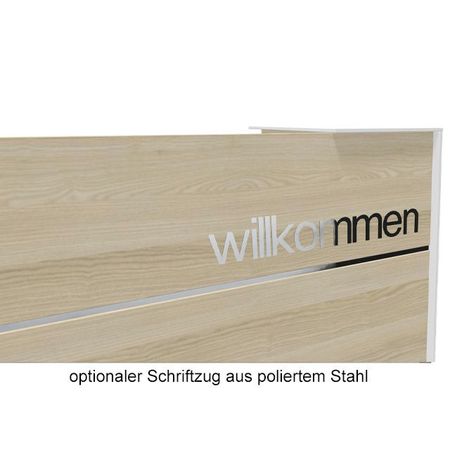 Empfangstresen Leo Willkommen Schriftzug aus poliertem Stahl