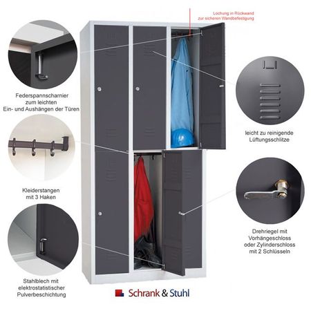 Spind mit 3x2 Abteilen 195x90x50 GRAU/ANTHRAZIT
