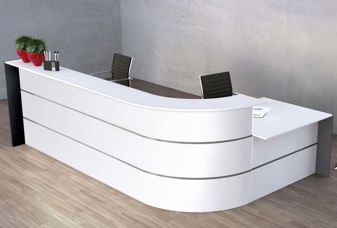 L-Theke Surround mit Beratungsplatz weiß | 112 x 367 x 200 cm (HxBxT)