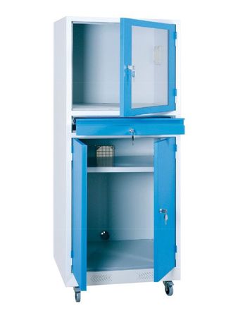 Industrie-PC-Schrank mit transparenter Monitortür und Tastaturfach GRAU/BLAU