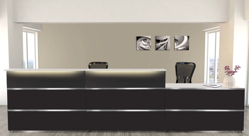 Empfangstheke Mono mit Beratungsplatz außen | 108 x 410 x 92 cm (HxBxT)