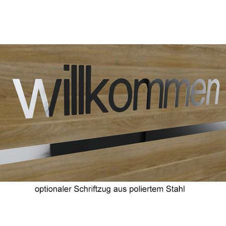 Empfangstresen Leo Willkommen Schriftzug aus poliertem Stahl