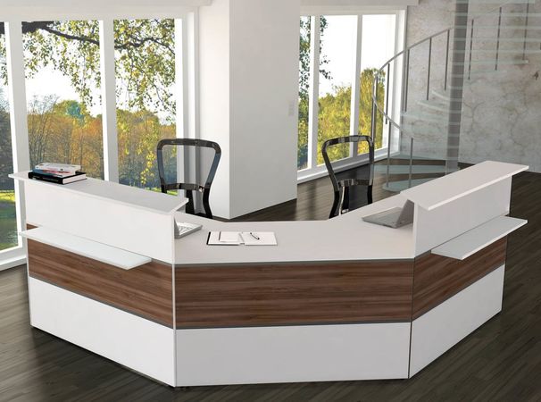 Empfangstheke Nussbaum mit 2 Arbeitsplätzen | 108 x 250 x 250 cm (HxBxT)