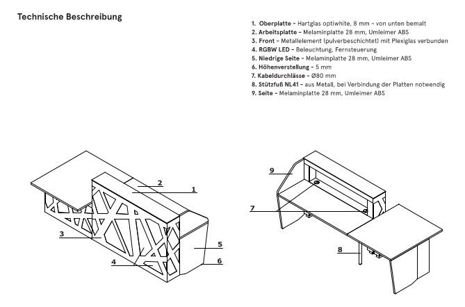 Empfangstresen Farbwechsel LED Fernbedienung Glas Metall Rezeption Empfangstresen