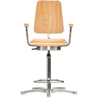 Arbeitshochstuhl aus Holz für Industrie und Werkstätten - mit Armlehnen, XL-Lehne und -Sitz, Aufstieghilfe und Gleitern