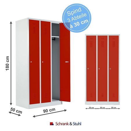 Spind mit 3 Abteilen 180x90x50 GRAU/ROT
