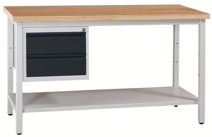 WERKSTATTEINRICHTUNG | Werkbank mit Ablageboden und 2 Schubladen 120 cm GRAU/ANTHRAZIT/BUCHE