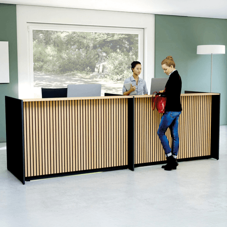 Große Empfangstheke Woody Up & Down (höhenverstellbar) Eiche, anthrazit | 112 x 328 x 98 cm (HxBxT)