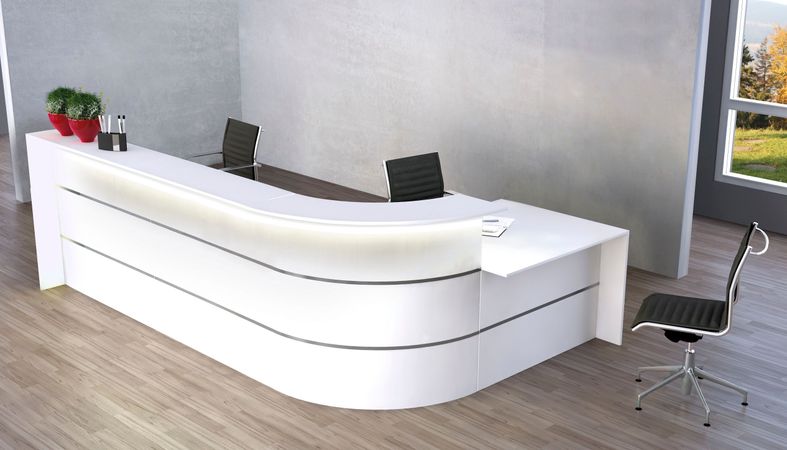 L-Theke Surround mit Beratungsplatz komplett weiß | 112 x 367 x 200 cm