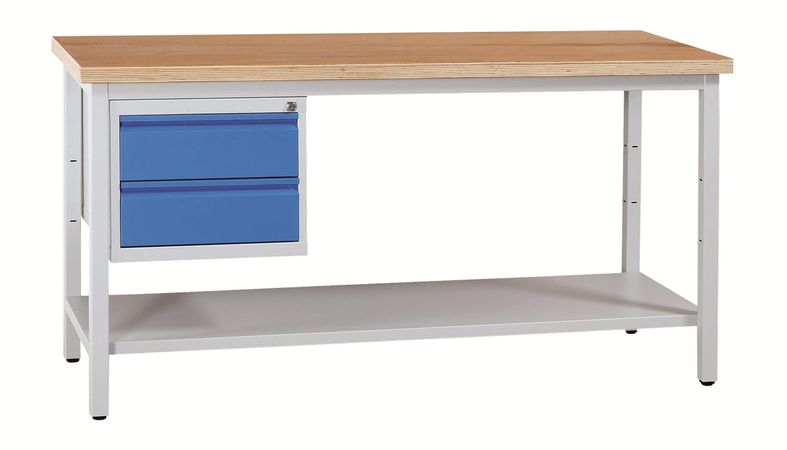 WERKSTATTEINRICHTUNG | Werkbank mit Ablageboden und 2 Schubladen 160 cm GRAU/BLAU/BUCHE
