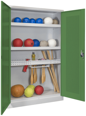 PAVOY Sportgeräteschrank konfigurierbar bis Vollausstattung | Ballschrank mit Flügeltüren | 195 x 120 x 50 cm mit Vollblech- oder Lochfeldtüren | große Farbauswahl