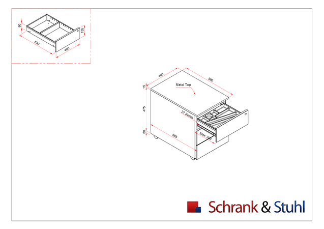 Rollcontainer mit 3 Schubladen | GRAU | 55 x 39 x 59 cm (HxBxT)