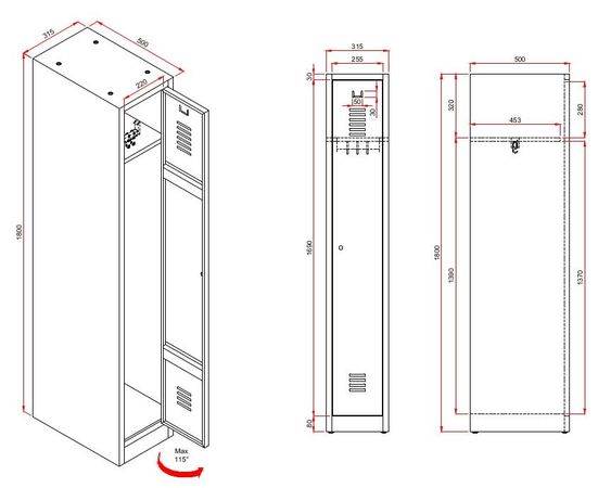 Einzelspind ein Abteil technische Skizze Garderobenspind Spint