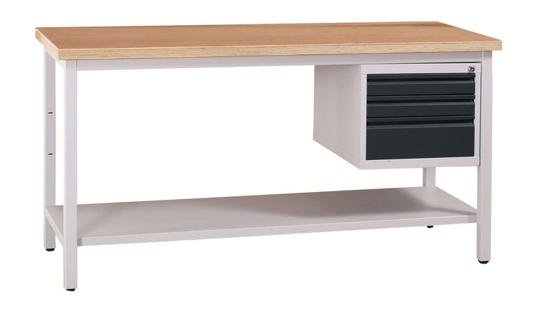 WERKSTATTEINRICHTUNG | Werkbank mit Ablageboden und 3 Schubladen 160 cm GRAU/ANTHRAZIT/BUCHE