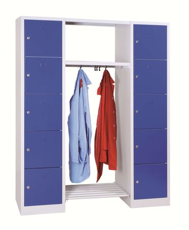 offene Schließfachgarderobe mit 10 Abteilen und Kleiderstangenelement | verschiedene Farben