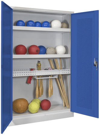 PAVOY Sportgeräteschrank konfigurierbar bis Vollausstattung | Ballschrank mit Flügeltüren | 195 x 120 x 50 cm mit Vollblech- oder Lochfeldtüren | große Farbauswahl