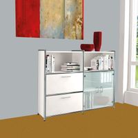 Chromeline halboffene Sideboardkombination 3 / 2 mit Schubladen und Glastüren | 115 x 158 x 38 cm | Anthrazit, Weiß, Rot