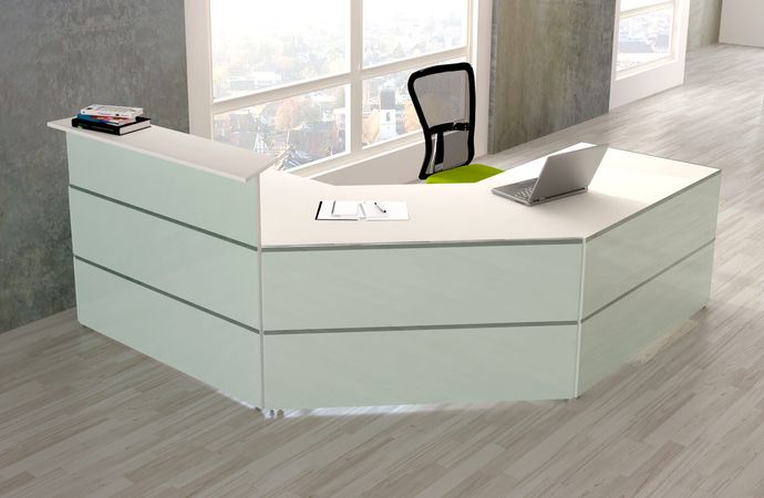 Empfangstheke Satinglas C-Form mit großem Beratungsplatz | 108 x 250 x 250 cm (HxBxT)