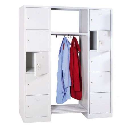 offene Schließfachgarderobe mit 10 Abteilen und Kleiderstangenelement | verschiedene Farben