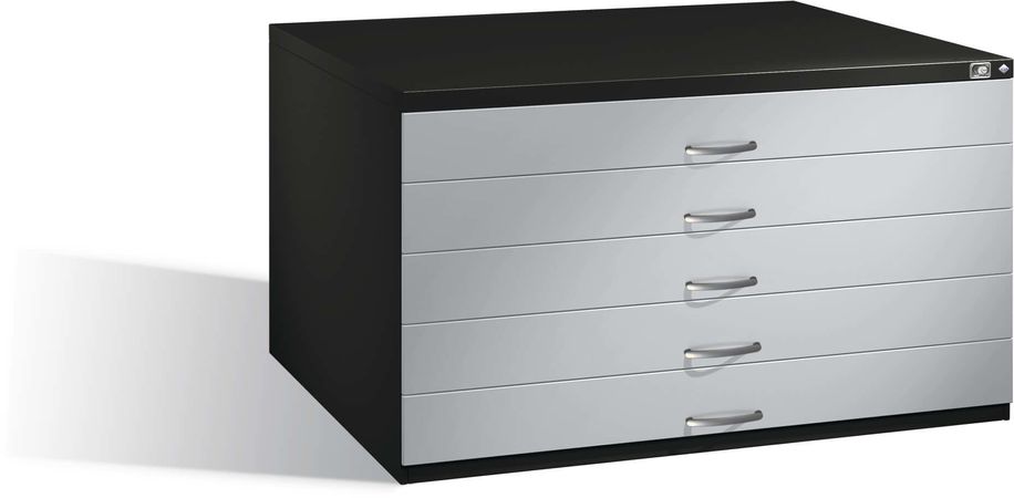 C+P Flachablageschrank 7200 DIN-A0 | Planschrank 5 Schübe mit doppelter Blendenhöhe  schwarz-lichgrau