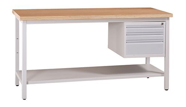 WERKSTATTEINRICHTUNG | Werkbank mit Ablageboden und 3 Schubladen 160 cm GRAU/BUCHE
