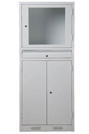 Industrie-PC-Schrank mit transparenter Monitortür und Tastaturfach GRAU
