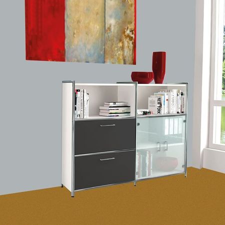Chromeline halboffene Sideboardkombination 3 / 2 mit Schubladen und Glastüren | 115 x 158 x 38 cm | Anthrazit