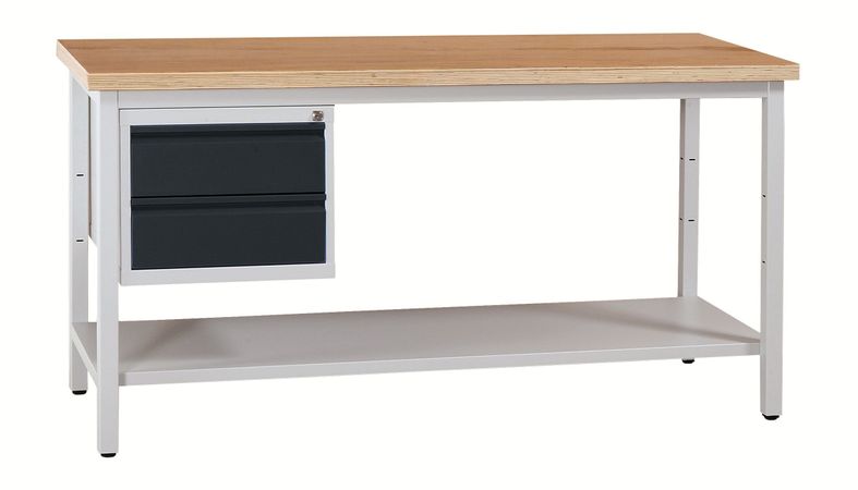 WERKSTATTEINRICHTUNG | Werkbank mit Ablageboden und 2 Schubladen 160 cm GRAU/ANTHRAZIT/BUCHE