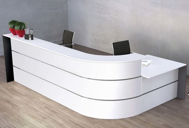 L-Theke Surround mit Beratungsplatz weiß | 112 x 367 x 200 cm (HxBxT)