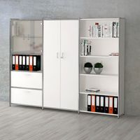 Chromeline halboffene Büroschrankwand 5 / 3 mit Schubladen und Flügeltüren |185 x 236 x 38 cm | Anthrazit, Weiß, Rot