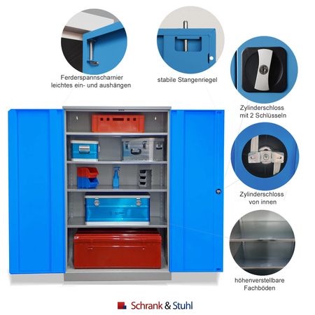 Koloss Werkstattschrank verzinkt | Materialschrank GRAU/LICHTBLAU 195x120x60 vollverzinkte Fachböden