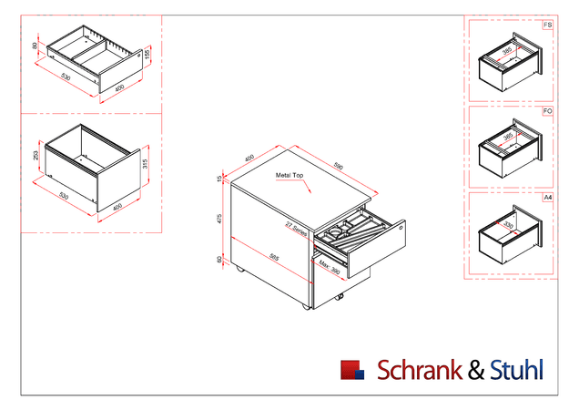 Rollcontainer mit Hängeregistratur und 1 Schublade | GRAU | 61 x 40 x 60 cm (HxBxT)
