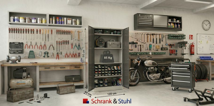 Koloss Werkstattschrank verzinkt | Materialschrank GRAU/LICHTBLAU 195x120x60 vollverzinkte Fachböden