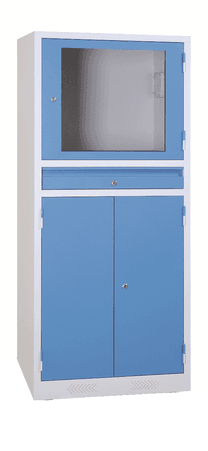 Industrie-PC-Schrank mit transparenter Monitortür und Tastaturfach GRAU/BLAU