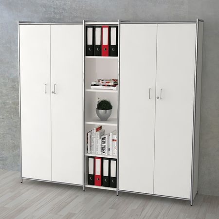 Aktenschrankwand Büroschrankwand Flügeltürenschrank Aktenregal Bücherregal Büroregal weiss weiß abschließbar