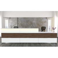 Empfangstheke Nussbaum mit Beratungsplatz außen | 108 x 410 x 92 cm (HxBxT)
