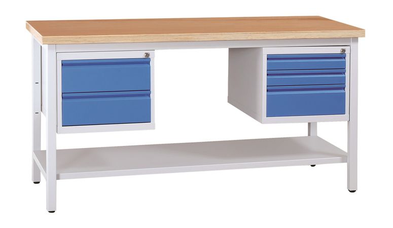 WERKSTATTEINRICHTUNG | Werkbank mit Ablageboden und 5 Schubladen 160 cm GRAU/BLAU/BUCHE