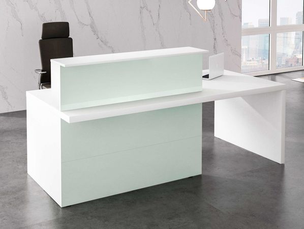 Empfangstheke Satinwhite mit Besprechungsplatz | 112 x 220 x 100 cm (HxBxT)