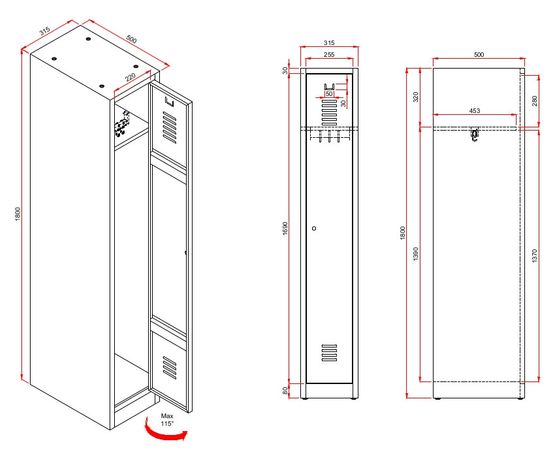 Einzelspind ein Abteil technische Skizze Garderobenspind Spint