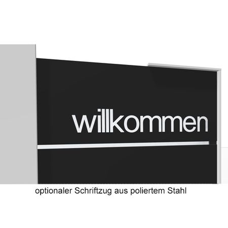 Empfangstresen Leo Willkommen Schriftzug aus poliertem Stahl