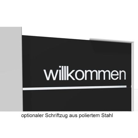 Empfangstresen Leo Willkommen Schriftzug aus poliertem Stahl