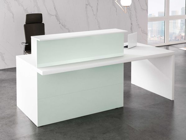 Empfangstheke Satinwhite mit Besprechungsplatz | 112 x 220 x 100 cm (HxBxT)
