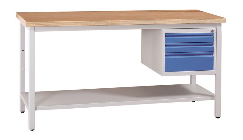 WERKSTATTEINRICHTUNG | Werkbank mit Ablageboden und 3 Schubladen 160 cm GRAU/BLAU/BUCHE