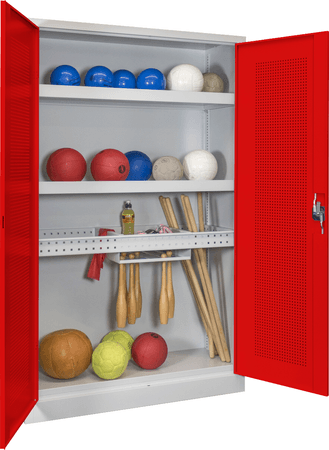 PAVOY Sportgeräteschrank konfigurierbar bis Vollausstattung | Ballschrank mit Flügeltüren | 195 x 120 x 50 cm mit Vollblech- oder Lochfeldtüren | große Farbauswahl