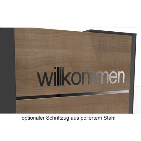Empfangstresen Leo Willkommen Schriftzug aus poliertem Stahl