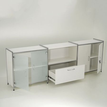 bürokommode weiß edel chrom schubladenschrank abschließbar flügeltürenschrank sicherheitsglas sideboard