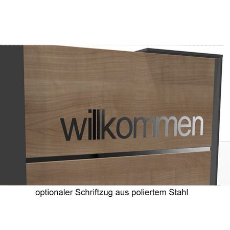 Empfangstresen Leo Willkommen Schriftzug aus poliertem Stahl